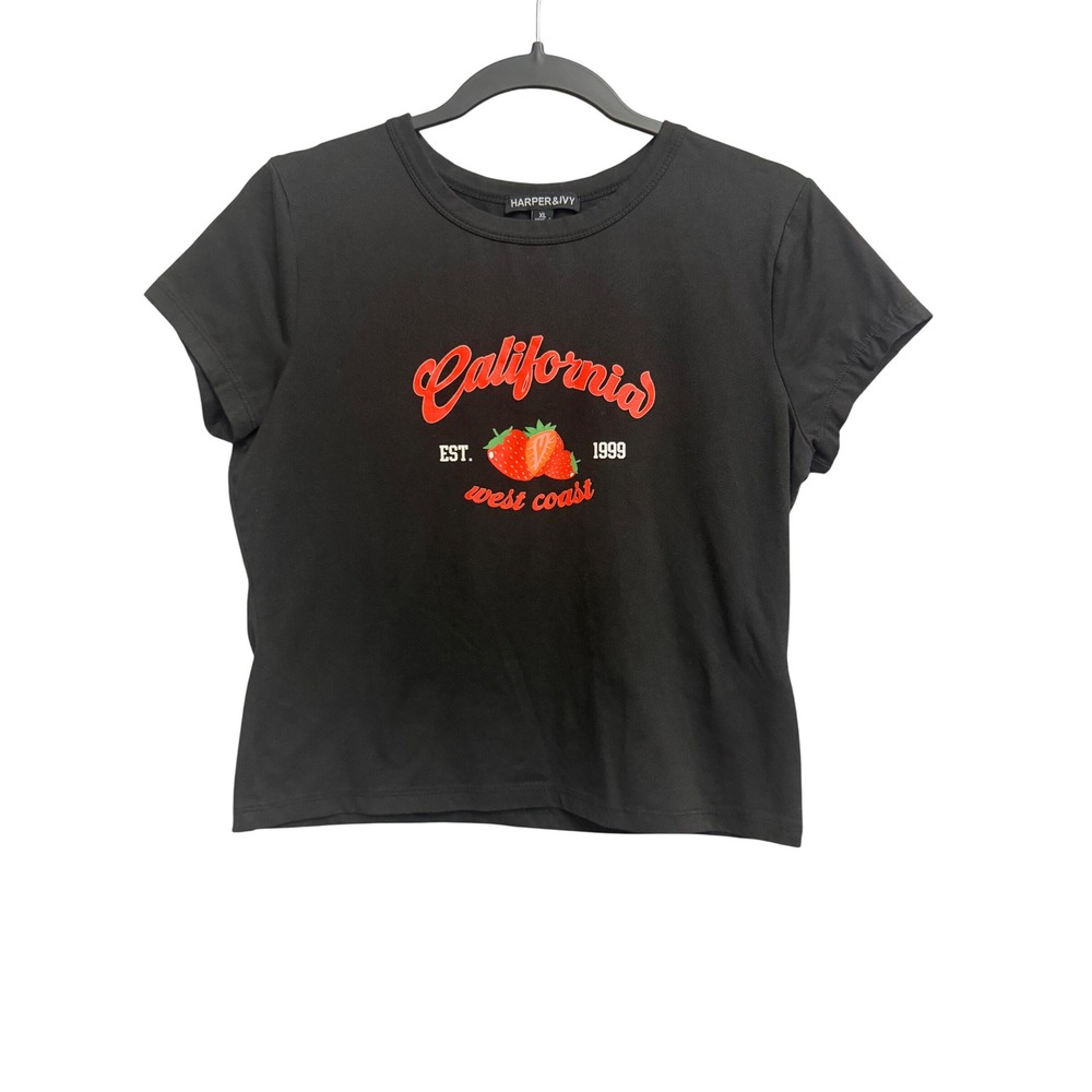 Harper & Ivy California West Coast Strawberry Graphic Tee Black XL Crop Top